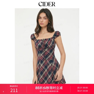 CIDER棉质格纹方领泡泡袖迷你连衣裙115137674
