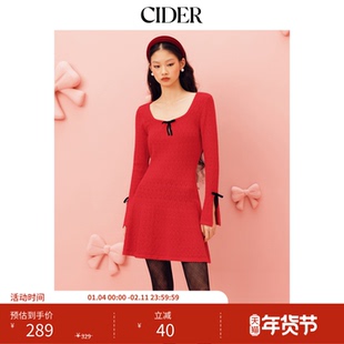 CIDER新年穿搭针织方领泡泡袖蝴蝶结迷你红色连衣裙115151746