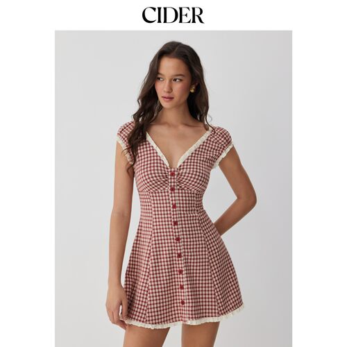 CIDER秋季新品格纹V领短袖褶皱蕾丝边A字迷你连衣裙1155311