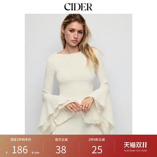 CIDER肌理一字领喇叭袖蕾丝拼接A字迷你连衣裙115604094