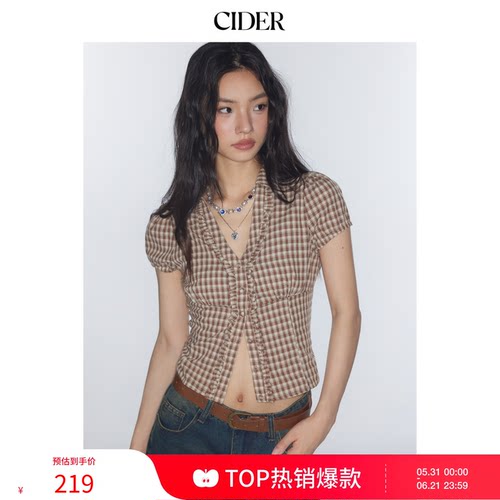 【明星同款】CIDERmiu系V领格子纹收腰学院风短袖衬衫113883862