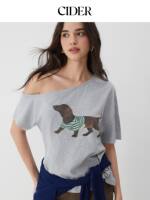 CIDER2026 Early Autumn Outfit Dachshund printed pure Cotton asymmetrical collar Loose T-shirt 115225980 thumbnail 4