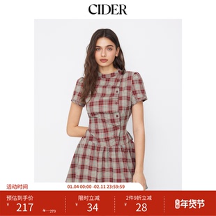 CIDER格纹翻领泡泡袖系带迷你连衣裙114992258