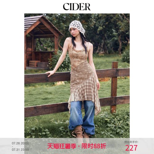 CIDER碎花格纹荡领褶边中长款吊带连衣裙女装114802146