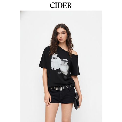 CIDER秋季新品不对称领兔鸭印花T恤114917111
