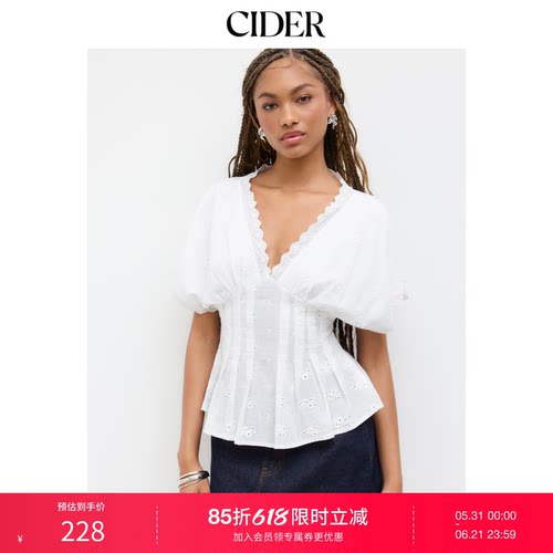 CIDER棉质V领英式刺绣短款短袖百褶衬衫女装114745091