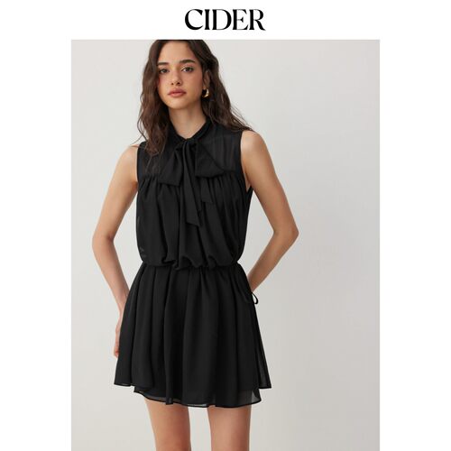 CIDER雪纺立领系带荷叶边A字迷你连衣裙配丝巾115378583