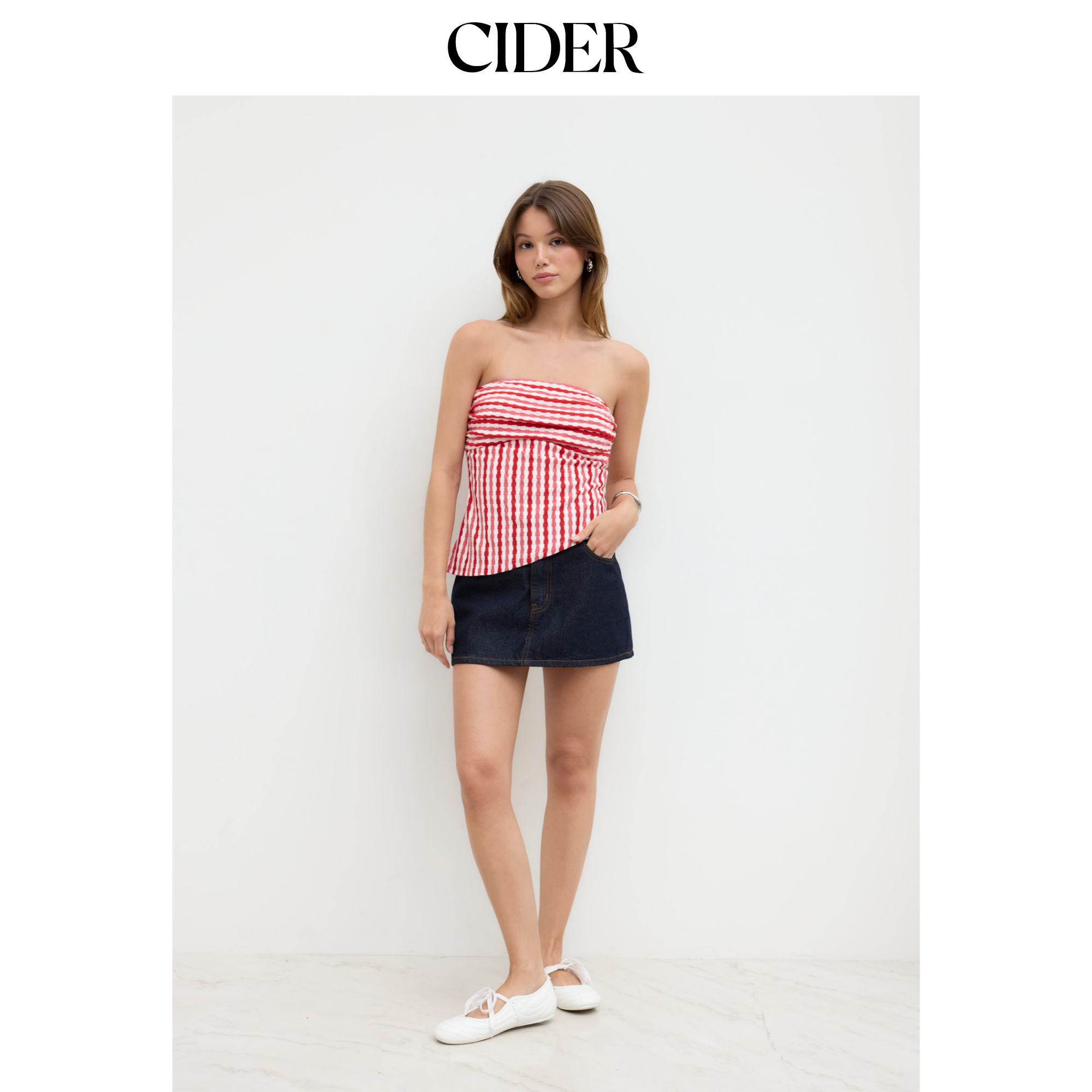 CIDER 夏季新品女装棉条纹不对称下摆抹胸上衣11464659