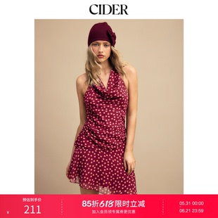 CIDER挂脖波点褶皱不对称裙摆迷你连衣裙115209228