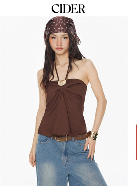 CIDER棉挂脖吊带背心抽褶设计感金属饰上衣女114619009