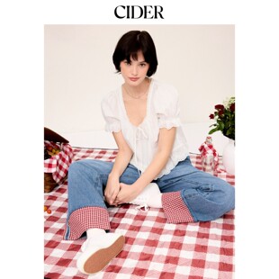 CIDER2026春季新品蕾丝边系带短款泡泡袖上衣115329393
