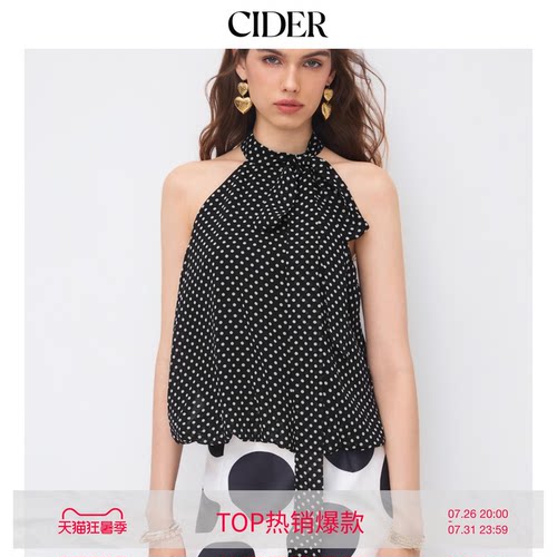 CIDER波点挂脖背心蝴蝶结雪纺宽松外搭上衣114657630