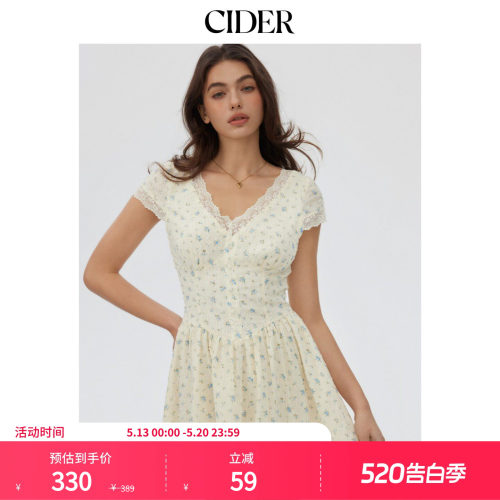 CIDER2026春季新品棉质质感碎花V领A字迷你连衣裙115217622