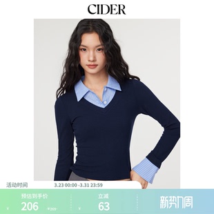 114068265 CIDERmiu系假两件V领条纹翻领学院风衬衫 明星同款