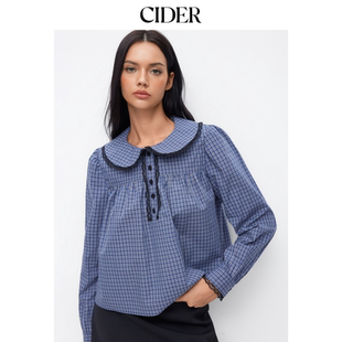蕾丝上衣115079751 CIDER娃娃领全棉格纹彼得潘翻领泡泡袖