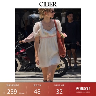 CIDER毕业季穿搭｜立体碎花刺绣方领泡泡袖迷你连衣裙115416308