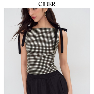 CIDER正品 船领格子蝴蝶结背心上衣114193321 明星同款