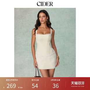 CIDER方领绑带不对称抓褶束身紧身迷你连衣裙115745385