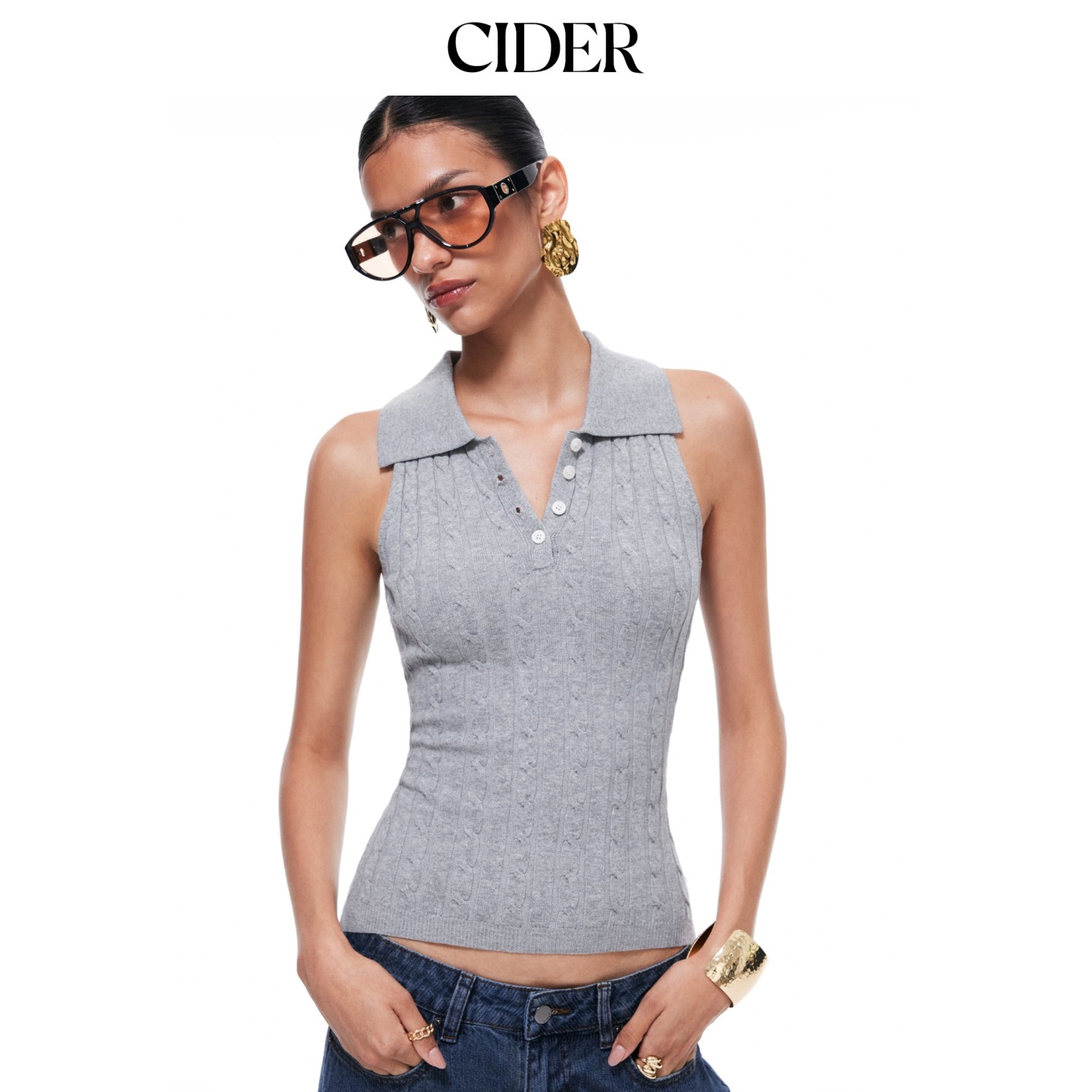 CIDER2026秋季新品麻花针织棉混纺高领背心115661669