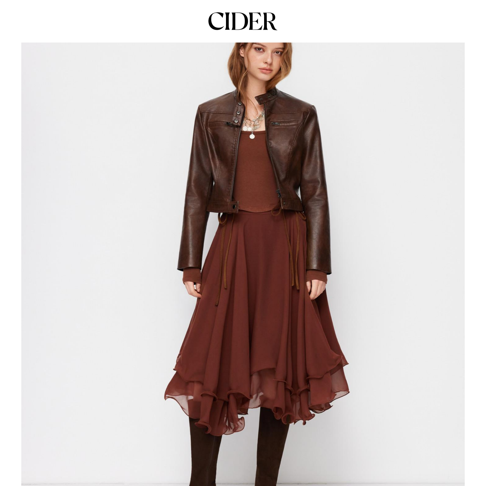 CIDER 都市游牧风女装雪纺中腰层叠荷叶边中长半身裙11491