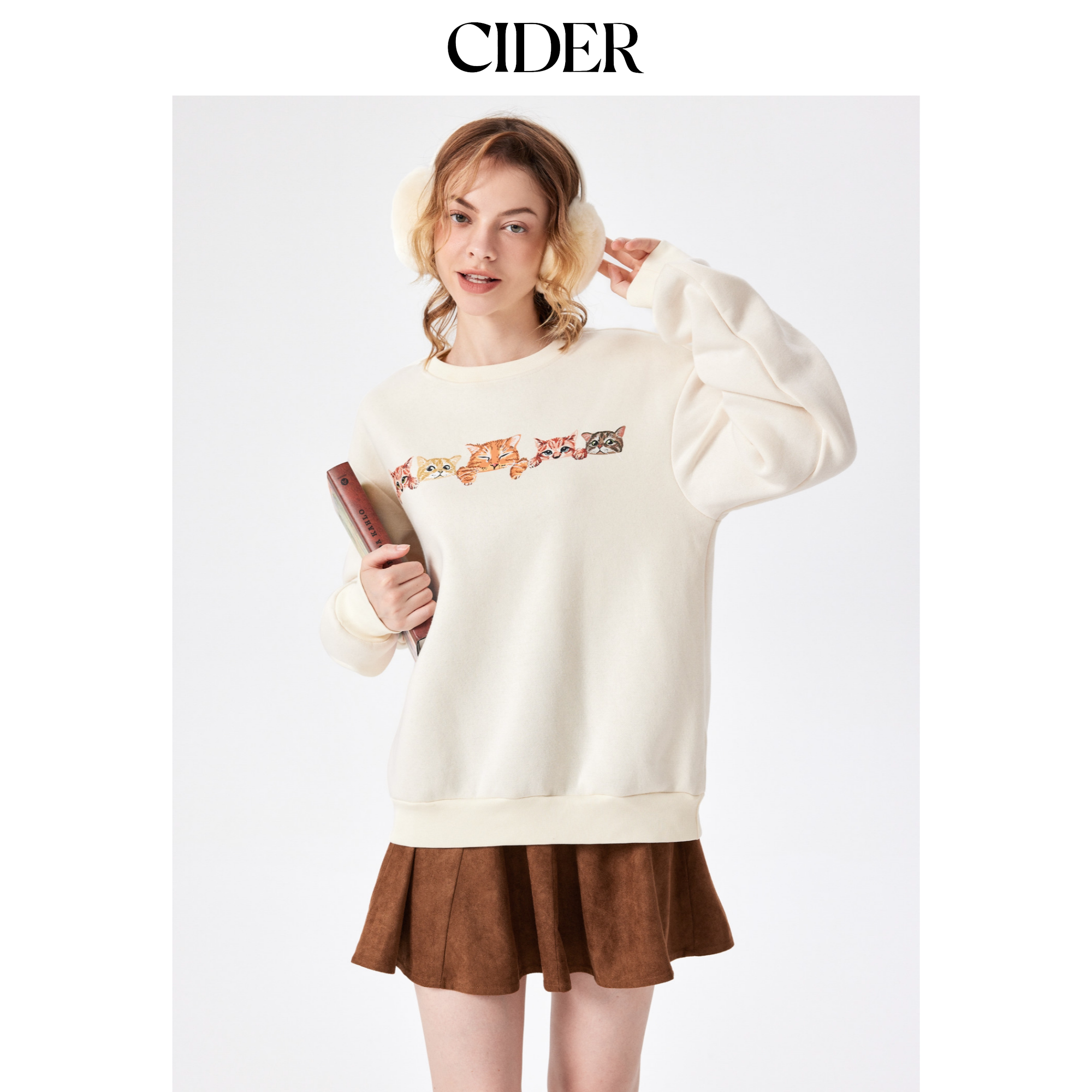 CIDER猫咪图案卫衣外套毛圈布圆领套头卫衣女1025888