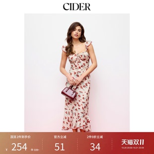 CIDER碎花雪纺U领荷叶边裙摆长连衣裙115148979