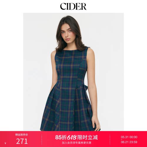 CIDER格纹蝴蝶结露背荷叶边迷你连衣裙115122146
