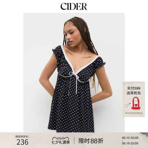 CIDER2026春季新品波点蕾丝边蝴蝶结V领迷你连衣裙114360094