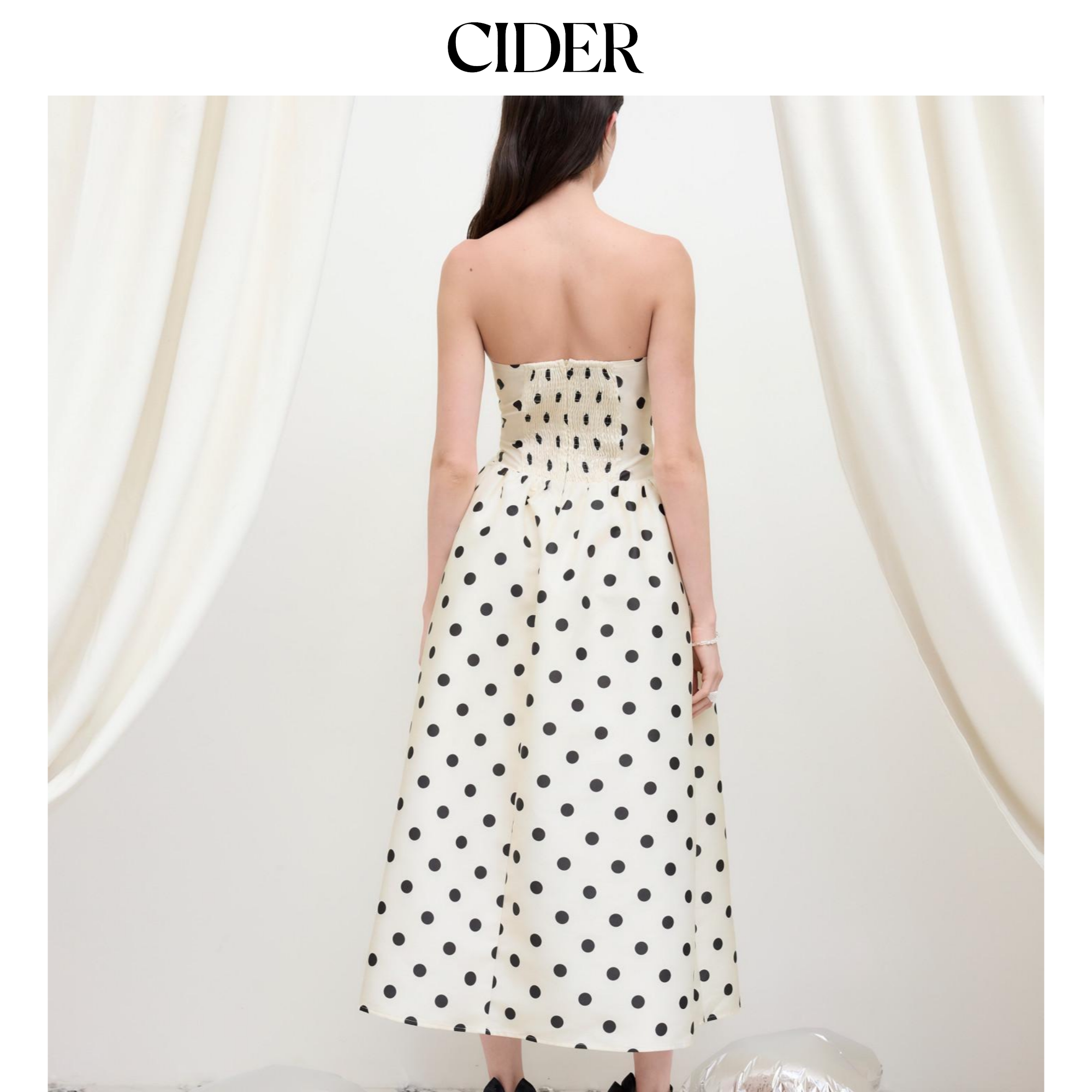 CIDER秋冬新品毕业季女装波点抽褶抹胸长连衣裙114486709图片