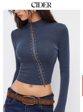 CIDER金属拉链细节条纹高领不对称长袖上衣114871755