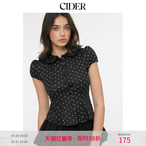 CIDER娃娃领波点收腰短袖上衣