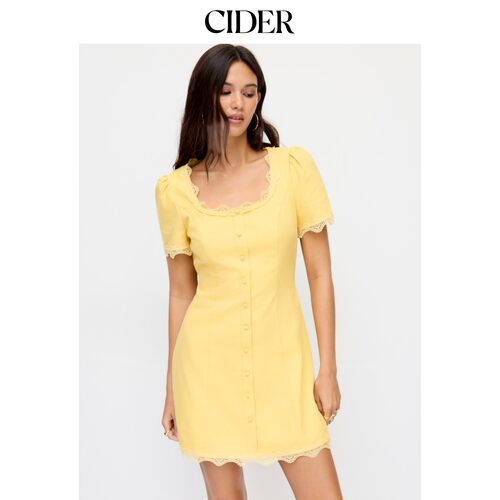 CIDER2026夏季新品方领蕾丝纽扣A字迷你连衣裙115480118