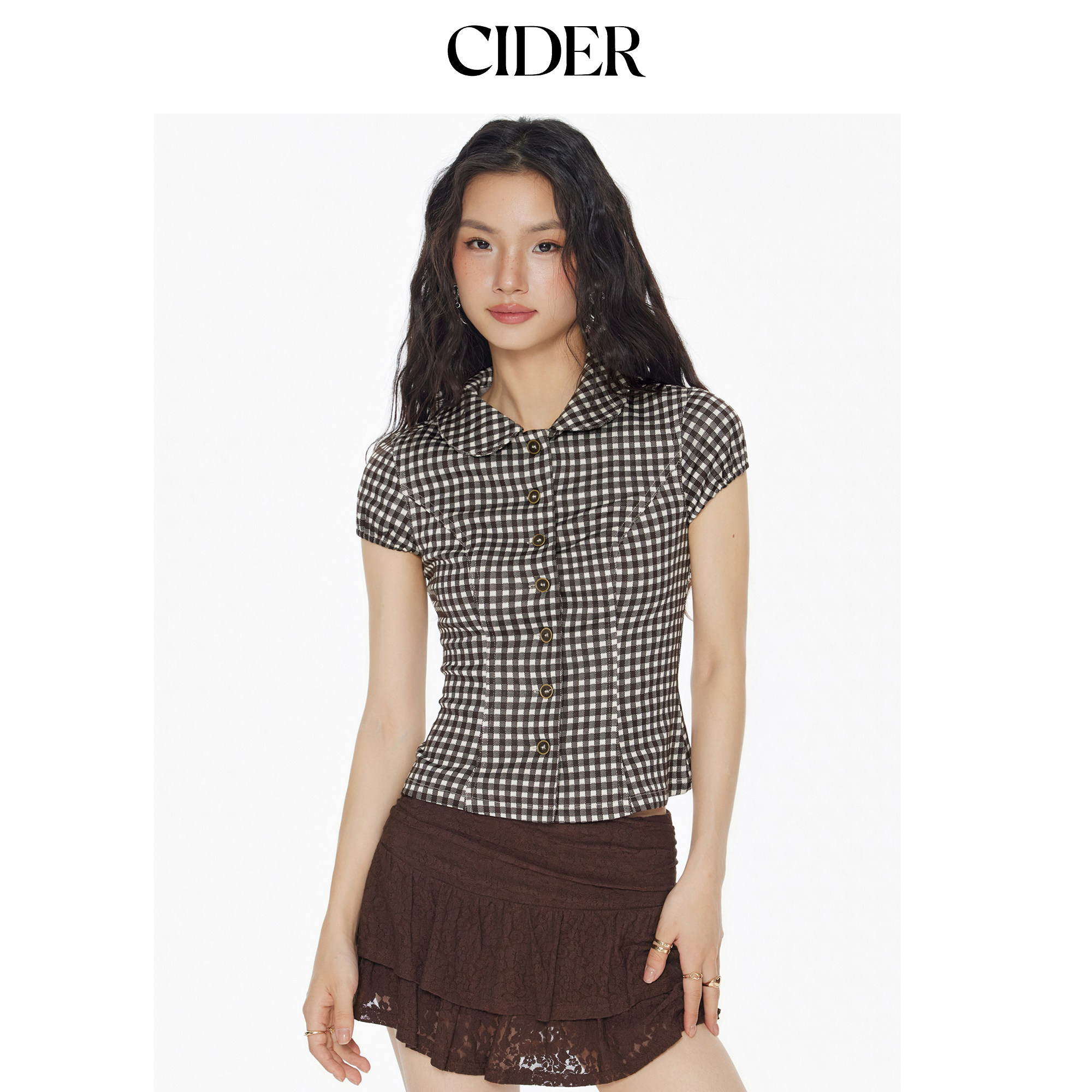CIDERmiu系彼得潘翻领时尚格纹纽扣泡泡袖格子衬衫114492676