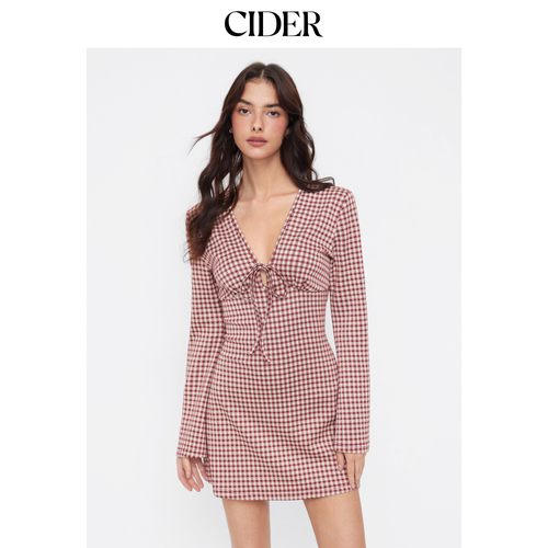 CIDERV领喇叭袖格纹蝴蝶结A字迷你连衣裙115118587