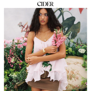 CIDER夏季 系带叠层荷叶边网纱吊带上衣114534239 女装