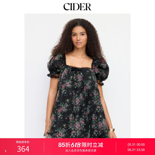 CIDER碎花方领泡泡袖蝴蝶结欧根纱娃娃迷你连衣裙115456788
