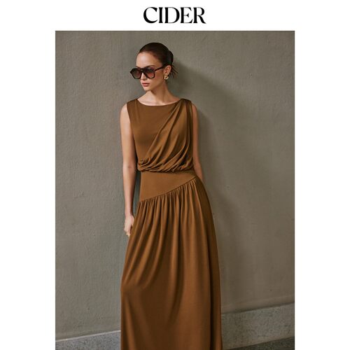 CIDER2026秋季新品高弹一字领垂坠抽褶A字长连衣裙115574380