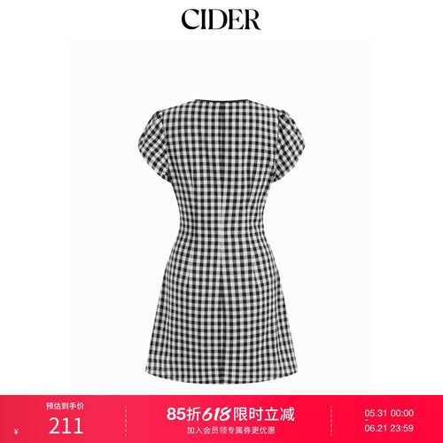 CIDER2026春季新品棉质V领泡泡袖系带格纹A字迷你连衣裙115361268