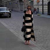 欧美2025新款 针织上衣条纹露肩长连衣裙 优雅修身 跨境女装 气质时尚