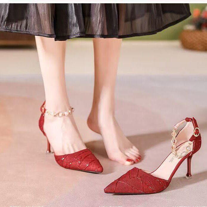 高跟鞋女2025年新款夏季性感尖头中空一字扣气质名媛法式细跟单鞋