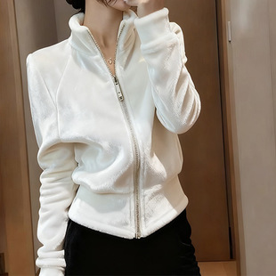 白色丝绒卫衣外套女2025新款韩版拉链开衫收腰显瘦短款绒衫上衣冬