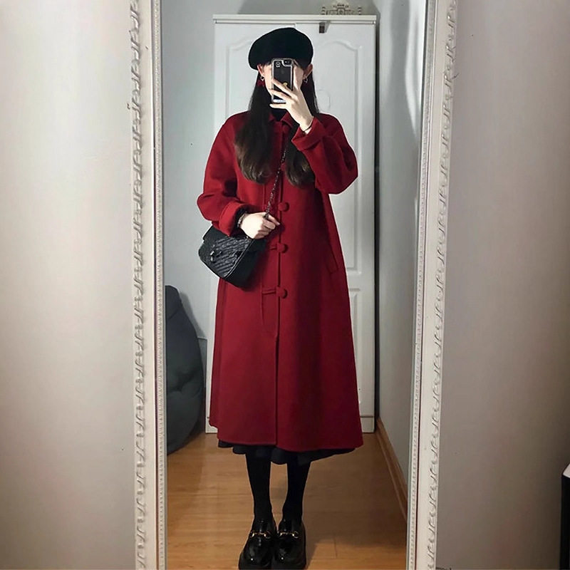 红色呢子大衣女中长款2025秋冬新款赫本风韩系爆款高级感毛呢外套