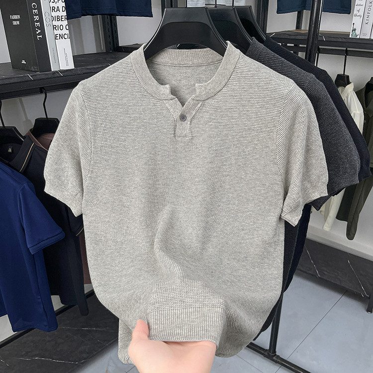 奥特莱斯品牌专柜领收袖短袖套头针织衫男高级感冰丝肌理运动休闲