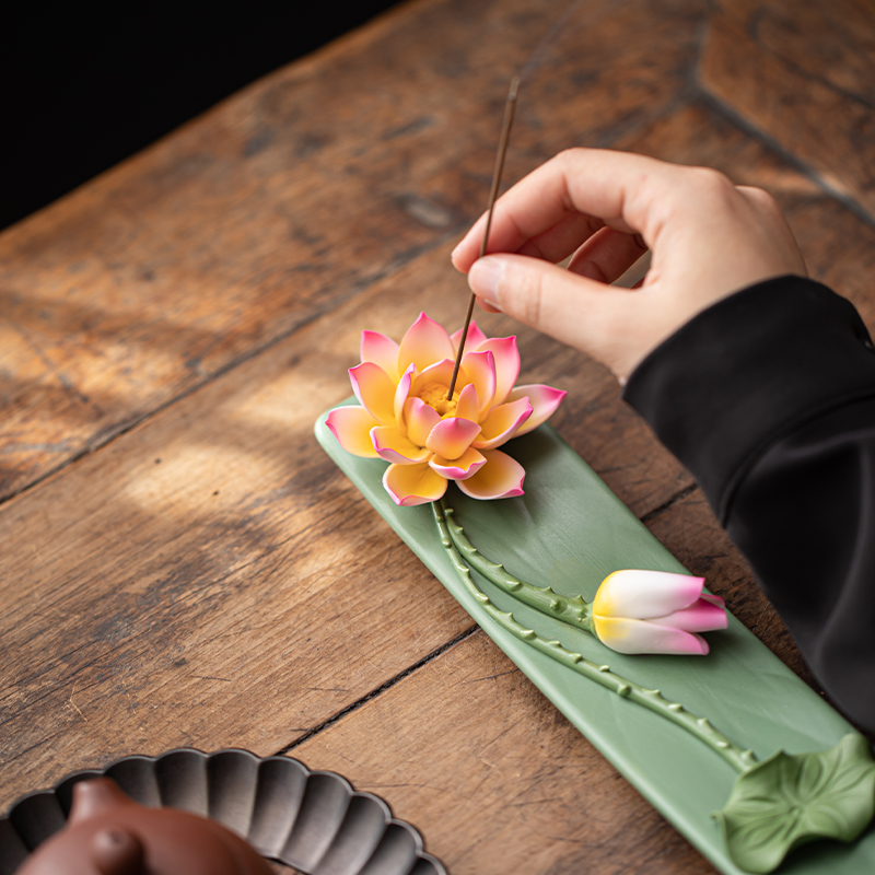 禅意薰香炉荷花陶瓷手工莲花线香插香座设计托盘底座茶道室内摆件