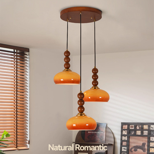 2025新款法式中古风餐厅灯胡桃木艺餐桌灯高级感玻璃吧台吊灯民宿