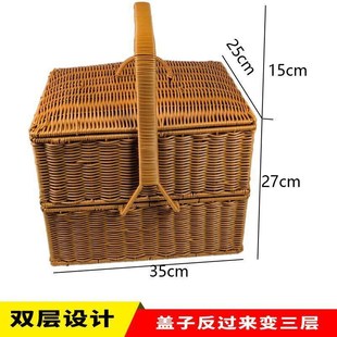 M55双层户外野餐篮家用手工藤编送餐篮方形拜拜篮竹编篮两层有盖