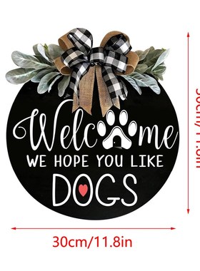 Welcome花环门前装饰圆形欢迎木质门牌DOGS 欢迎门牌蝴蝶结装饰