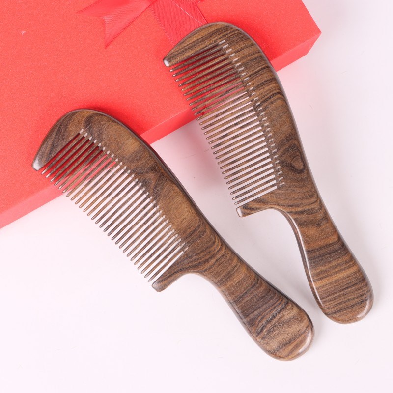 天然整木沉贵宝月形细齿木梳子套装复古手柄黑檀木梳密齿厚实木梳