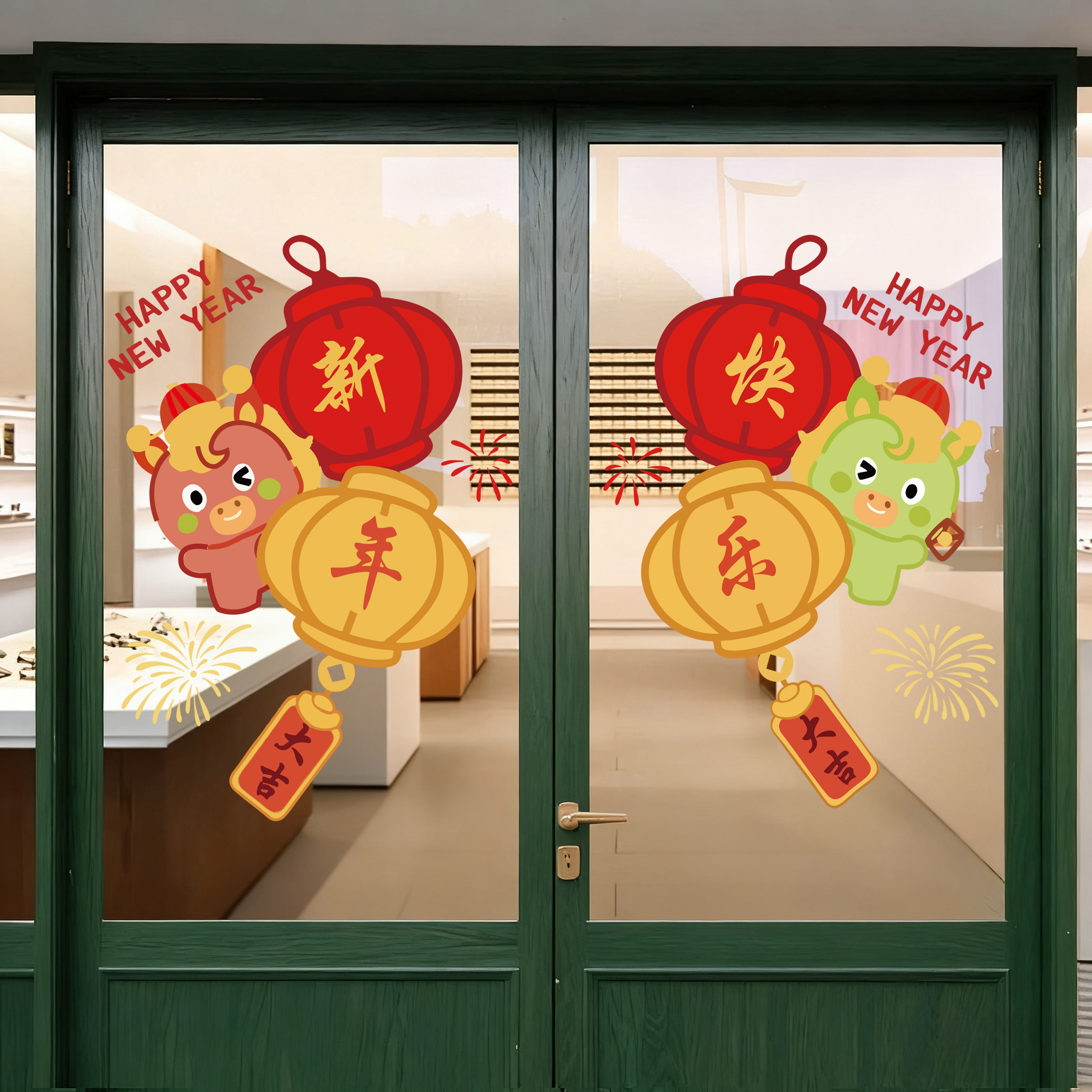 新年玻璃贴纸窗花静电贴大型橱窗