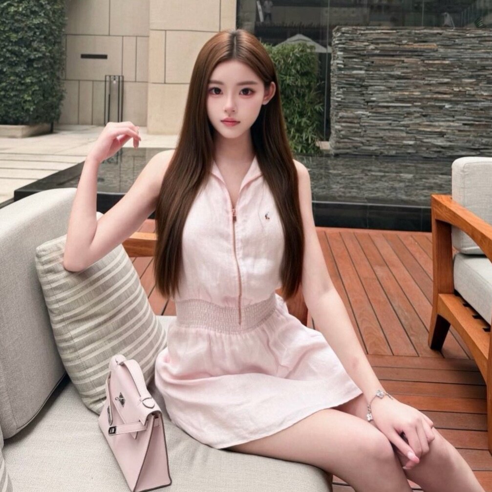 The Fold新品无袖打揽收腰连衣裙小马标刺绣翻领半拉链设计